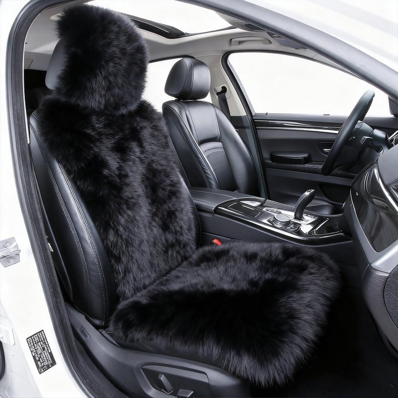 OGLAND Sheepskin Fur Car Seat Covers, Universal Size Australian Long Wool Car Seat Cushion for Adult Man Women, 1 Piece Seat (Black) - Image 1